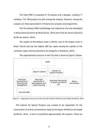 5
The State PMO is composed of 10 analysts and a Manager, totalling 11
members. The 100 projects are split among the analysts. However, among the
analysts are those specialized in infrastructure projects and programmes.
The Pernambuco PMO methodology was inspired by the ones developed
in Minas Gerais (Governo de Minas Gerais, 2014) and in Rio de Janeiro (Governo
do Rio de Janeiro, 2014).
The capital of Pernambuco state is Recife, one of the largest cities in
Brazil. Recife also has the highest GDP per capita among the capitals of the
northeast region (Instituto Brasileiro de Geografia e Estatística, 2014).
The organizational structure of the City Hall is shown by figure 2 below.
The Cabinet for Special Projects was created to be responsible for the
construction of several commitments made by the Mayor (Prefeitura da Cidade
do Recife, 2014). It has in its portfolio approximately 181 projects. There are
Mayor
Municipal
Secretariat of
Planning and
Management
City Hall PMO
Municipal
Secretariat of
Development and
Urban Planning
Municipal Secretariat
of Sports and World
cup
Others
Secretariats
Mayor's Cabinet
Cabinet for
Special Projects
Figure 2. . Organization Structure of the city hall of Recife (Prefeitura da Cidade do Recife, 2014)
 