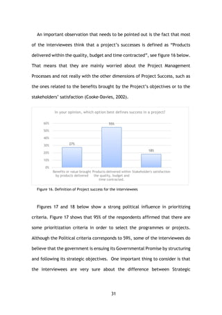 31
An important observation that needs to be pointed out is the fact that most
of the interviewees think that a project’s successes is defined as “Products
delivered within the quality, budget and time contracted”, see figure 16 below.
That means that they are mainly worried about the Project Management
Processes and not really with the other dimensions of Project Success, such as
the ones related to the benefits brought by the Project’s objectives or to the
stakeholders’ satisfaction (Cooke-Davies, 2002).
Figure 16. Definition of Project success for the interviewees
Figures 17 and 18 below show a strong political influence in prioritizing
criteria. Figure 17 shows that 95% of the respondents affirmed that there are
some prioritization criteria in order to select the programmes or projects.
Although the Political criteria corresponds to 59%, some of the interviewees do
believe that the government is ensuing its Governmental Promise by structuring
and following its strategic objectives. One important thing to consider is that
the interviewees are very sure about the difference between Strategic
27%
55%
18%
0%
10%
20%
30%
40%
50%
60%
Benefits or value brought
by products delivered
Products delivered within
the quality, budget and
time contracted.
Stakeholder's satisfaction
In your opinion, which option best defines success in a project?
 