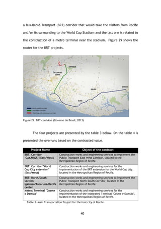 40
a Bus-Rapid-Transport (BRT) corridor that would take the visitors from Recife
and/or its surrounding to the World Cup Stadium and the last one is related to
the construction of a metro terminal near the stadium. Figure 29 shows the
routes for the BRT projects.
Figure 29. BRT corridors (Governo do Brasil, 2013)
The four projects are presented by the table 3 below. On the table 4 is
presented the overruns based on the contracted value.
Project Name Object of the contract
BRT: Corridor
"CAXANGÁ" (East/West)
Construction works and engineering services to implement the
Public Transport East-West Corridor, located in the
Metropolitan Region of Recife.
BRT: Corridor "World
Cup City extension"
(East/West)
Construction works and engineering services for the
implementation of the BRT extension for the World Cup city,
located in the Metropolitan Region of Recife.
BRT: North/South -
section
Igarassu/Tacaruna/Recife
center
Construction works and engineering services to implement the
Public Transport North-South Corridor, located in the
Metropolitan Region of Recife.
Metro: Terminal "Cosme
e Damião"
Construction works and engineering services for the
implementation of the integrated Terminal "Cosme e Damião",
located in the Metropolitan Region of Recife.
Table 3. Main Transportation Project for the host city of Recife.
 