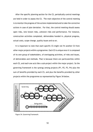 53
After the specific planning section for the CS, periodically control meetings
are held in order to assess the CS. The main objective of the control meeting
is to monitor the progress of the actions implemented and to take the corrective
actions in case of plan deviation. For that, the control meeting should assess
open risks, new known risks, unknown risks and performance. For instance,
construction activities completed, deliverables handed in, physical progress,
actual costs, scope change, quality issues and so on.
It is important to note that each specific CS might not fit another CS from
other major projects within a programme. Each CS is unique once it is composed
of its own group of stakeholders, of overlapping activities, of risks and issues,
of deliverables and methods. That is because there are particularities within
each CS, and each one acts like a sub-project within the major project. So the
governing framework is the synergy among projects (P1, P2, P3, Pn) plus the
sum of benefits provided by each CS, and plus the benefits provided by other
projects within the programme as represented by Figure 34 below.
Figure 34. Governing Framework
CS 1 CS 2 CS ”n”
“Pn”
Governing
“P2”
CS
1
CS 2 CS ”n”
“P1”
CS 1 CS 2 CS ”n”
“P3”
Front-endPreliminaryPlanningand
ProgrammePrioritization
Deliverables
 