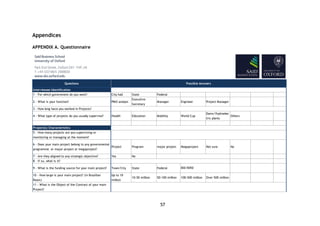 57
Appendices
APPENDIX A. Questionnaire
Questions
Interviewee Identification
1 - For which government do you work? City hall State Federal
2 - What is your function? PMO analyst
Executive
Secretary
Manager Engineer Project Manager
3 - How long have you worked in Projects?
4 - What type of projects do you usually supervise? Health Education Mobility World Cup
Dams/Hydroelec
tric plants
Others
Project(s) Characteristics
5 - How many projects are you supervising or
monitoring or managing at the moment?
6 - Does your main project belong to any governmental
programme or major project or megaproject?
Project Program major project Megaproject Not sure No
7 - Are they aligned to any strategic objective? Yes No
8 - If so, what is it?
9 - What is the funding source for your main project? Town/City State Federal
10 - How large is your main project? (in Brazilian
Reais)
Up to 10
million
10-50 million 50-100 million 100-500 million Over 500 million
11 - What is the Object of the Contract of your main
Project?
Possible Answers
BID/BIRD
 