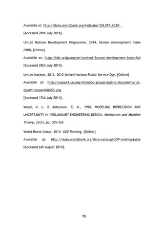70
Available at: http://data.worldbank.org/indicator/SH.STA.ACSN
[Accessed 28th July 2014].
United Nations Development Programme, 2014. Human Development Index
(HDI). [Online]
Available at: http://hdr.undp.org/en/content/human-development-index-hdi
[Accessed 28th July 2014].
United Nations, 2012. 2012 United Nations Public Service Day. [Online]
Available at: http://unpan1.un.org/intradoc/groups/public/documents/un-
dpadm/unpan049650.png
[Accessed 17th July 2014].
Wood, K. L. & Antonsson, E. K., 1990. MODELING IMPRECISION AND
UNCERTAINTY IN PRELIMINARY ENGINEERING DESIGN. Mechanism and Machine
Theory, 25(3), pp. 305-324.
World Brank Group, 2014. GDP Ranking. [Online]
Available at: http://data.worldbank.org/data-catalog/GDP-ranking-table
[Accessed 6th August 2014].
 