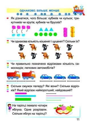 л
ОДНАКОВО. БІЛЬШЕ. МЕНШЕ
5 ^ ч2 ^
© Як дізнатися, чого більше: кубиків чи кульок; три­
кутників чи кругів; кубиків чи брусків?
0800
( ( ( <
& Є Є
т Чи однакова кількість кошенят і цуценят? Скільки їх?
5г
5г
5г ъ
5г
5г
%
^ Чи правильно позначено відрізками кількість са­
москидів; легкових автомобілів?
нені;
^ Скільки смужок паперу? Які вони? Скільки відріз-
2 ків? Який відрізок найкоротший; найдовший?
На тарілці лежало чотири
яблука. Одне розрізали.
Скільки яблук на тарілці?
11
 