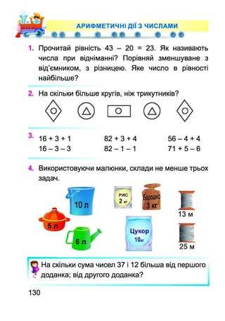 АРИФМЕТИЧНІ ДІЇ З ЧИСЛАМИ
є, ? ®
1. Прочитай рівність 43 - 20 = 23. Як називають
числа при відніманні? Порівняй зменшуване з
від’ємником, з різницею. Яке число в рівності
найбільше?
2. На скільки більше кругів, ніж трикутників?
3- 16 + 3 + 1 82 + 3 + 4 5 6 - 4 + 4
1 6 - 3 - 3 8 2 - 1 - 1 71 + 5 - 6
4. Використовуючи малюнки, склади не менше трьох
задач.
На скільки сума чисел 37 і 12 більша від першого
доданка; від другого доданка?
____________________________ І
130
 