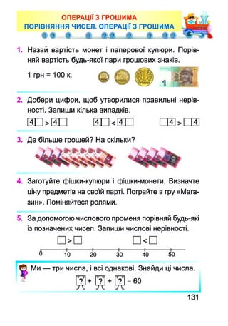ОПЕРАЦІЇ З ГРОШИМА
ПОРІВНЯННЯ ЧИСЕЛ. ОПЕРАЦІЇ З ГРОШИМА
& (§> & ^ ^ . £ ) 2 ® >2 >2
1. Назви вартість монет і паперової купюри. Порів­
няй вартість будь-якої пари грошових знаків.
1 грн = 100 к.
2. Добери цифри, щоб утворилися правильні нерів­
ності. Запиши кілька випадків.
ал>ЙП ИИ<ЕП
3. Де більше грошей? На скільки?
4. Заготуйте фішки-купюри і фішки-монети. Визначте
ціну предметів на своїй парті. Пограйте в гру «Мага­
зин». Поміняйтеся ролями.
5. За допомогою числового променя порівняй будь-які
із позначених чисел. Запиши числові нерівності.
%
о ю 20 ЗО 40 50
Ми — три числа, і всі однакові. Знайди ці числа.
?
т и
?
т е
?
т е
= 60
131
 