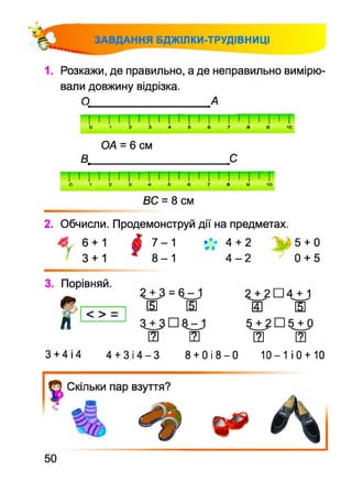 1. Розкажи, де правильно, а де неправильно вимірю­
вали довжину відрізка.
О____________________А
ЗАВДАННЯ БДЖІЛКИ-ТРУДІВНИЦІ
0 1 2 3 4 5 6 7 8 9 1 0
ОА = 6 СМ
В._______________________ С
і і І і І і І і | і | і | і | і І і | г т0 1 2 3 4 5 6 7 8 9 1 0
ВС = 8 СМ
2. Обчисли. Продемонструй дії на предметах.
7 - 1
8 - 1
'/ . '4 + 2 > 5 + 0
4 - 2 0 + 5
3. Порівняй.
2 ^ 3 = 6 ^ 1
И Е]
И ІЗ
2 ^ ? П 4 ^
ш и
5 ^ 2 □ 5 ^ 0
ІЗ ІЗ
З + 4 і 4 4 + З і 4 -3 8 + 0 і 8 -0 10-1 і 0 + 10
50
 
