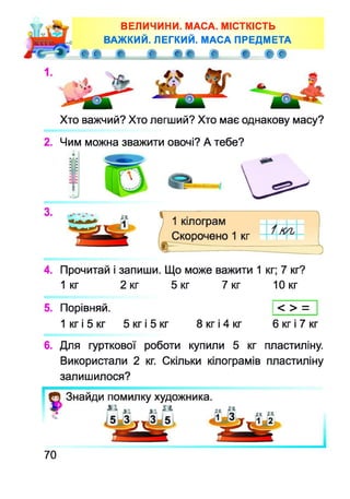 ВЕЛИЧИНИ. МАСА. МІСТКІСТЬ
ВАЖКИЙ. ЛЕГКИЙ. МАСА ПРЕДМЕТА
Є- ? ® ® Є, £,
Хто важчий? Хто легший? Хто має однакову масу?
2. Чим можна зважити овочі? А тебе?
4. Прочитай і запиши. Що може важити 1 кг; 7 кг?
1 кг 2 кг 5 кг 7 кг 10 кг
5. Порівняй.
1 кг і 5 кг 5 кг і 5 кг 8 кг і 4 кг
< > =
6 кг і 7 кг
6. Для гурткової роботи купили 5 кг пластиліну.
Використали 2 кг. Скільки кілограмів пластиліну
залишилося?
70
 