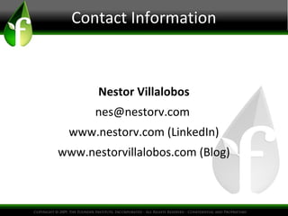 Contact Information
Nestor Villalobos
nes@nestorv.com
www.nestorv.com (LinkedIn)
www.nestorvillalobos.com (Blog)
 
