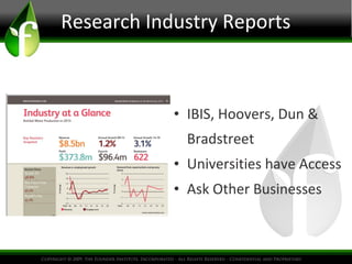 Research Industry Reports
• IBIS, Hoovers, Dun &
Bradstreet
• Universities have Access
• Ask Other Businesses
 