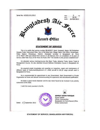 STATEMENT OF SERVICE ( BANGLADESH AIR FORCEA)
 
