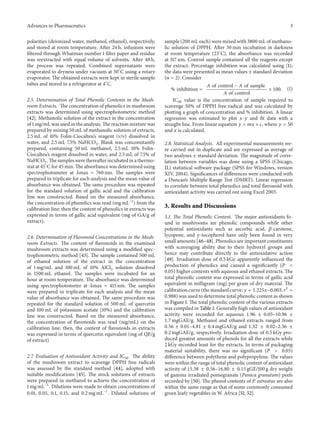 Advances in Pharmaceutics 3
polarities (deionized water, methanol, ethanol), respectively,
and stored at room temperature. After 24 h, infusions were
filtered through Whatman number 1 filter paper and residue
was reextracted with equal volume of solvents. After 48 h,
the process was repeated. Combined supernatants were
evaporated to dryness under vacuum at 30∘
C using a rotary
evaporator. The obtained extracts were kept in sterile sample
tubes and stored in a refrigerator at 4∘
C.
2.5. Determination of Total Phenolic Contents in the Mush-
room Extracts. The concentration of phenolics in mushroom
extracts was determined using spectrophotometric method
[42]. Methanolic solution of the extract in the concentration
of 1 mg/mL was used in the analysis. The reaction mixture was
prepared by mixing 50 mL of methanolic solution of extracts,
2.5 mL of 10% Folin-Ciocalteu’s reagent (v/v) dissolved in
water, and 2.5 mL 7.5% NaHCO3. Blank was concomitantly
prepared, containing 50 mL methanol, 2.5 mL 10% Folin-
Ciocalteu’s reagent dissolved in water, and 2.5 mL of 7.5% of
NaHCO3. The samples were thereafter incubated in a thermo-
stat at 45∘
C for 45 min. The absorbance was determined using
spectrophotometer at 𝜆max = 760 nm. The samples were
prepared in triplicate for each analysis and the mean value of
absorbance was obtained. The same procedure was repeated
for the standard solution of gallic acid and the calibration
line was constructed. Based on the measured absorbance,
the concentration of phenolics was read (mg mL−1
) from the
calibration line; then the content of phenolics in extracts was
expressed in terms of gallic acid equivalent (mg of GA/g of
extract).
2.6. Determination of Flavonoid Concentrations in the Mush-
room Extracts. The content of flavonoids in the examined
mushroom extracts was determined using a modified spec-
trophotometric method [43]. The sample contained 500 mL
of ethanol solution of the extract in the concentration
of 1 mg/mL and 100 mL of 10% AlCl3 solution dissolved
in 1500 mL ethanol. The samples were incubated for an
hour at room temperature. The absorbance was determined
using spectrophotometer at 𝜆max = 415 nm. The samples
were prepared in triplicate for each analysis and the mean
value of absorbance was obtained. The same procedure was
repeated for the standard solution of 500 mL of quercetin
and 100 mL of potassium acetate (10%) and the calibration
line was constructed. Based on the measured absorbance,
the concentration of flavonoids was read (mg/mL) on the
calibration line; then, the content of flavonoids in extracts
was expressed in terms of quercetin equivalent (mg of QE/g
of extract).
2.7. Evaluation of Antioxidant Activity and IC50. The ability
of the mushroom extract to scavenge DPPH free radicals
was assessed by the standard method [44], adopted with
suitable modifications [45]. The stock solutions of extracts
were prepared in methanol to achieve the concentration of
1 mg mL−1
. Dilutions were made to obtain concentrations of
0.01, 0.05, 0.1, 0.15, and 0.2 mg mL−1
. Diluted solutions of
sample (200 mL each) were mixed with 3800 mL of methano-
lic solution of DPPH. After 30 min incubation in darkness
at room temperature (23∘
C), the absorbance was recorded
at 517 nm. Control sample contained all the reagents except
the extract. Percentage inhibition was calculated using (1);
the data were presented as mean values ± standard deviation
(𝑛 = 2). Consider
% inhibition =
𝐴 of control − 𝐴 of sample
𝐴 of control
× 100. (1)
IC50 value is the concentration of sample required to
scavenge 50% of DPPH free radical and was calculated by
plotting a graph of concentration and % inhibition. A linear
regression was estimated to plot 𝑥-𝑦 and fit data with a
straight line. From linear equation 𝑦 = 𝑚𝑥 + 𝑐, where 𝑦 = 50
and 𝑥 is calculated.
2.8. Statistical Analysis. All experimental measurements we-
re carried out in duplicate and are expressed as average of
two analyses ± standard deviation. The magnitude of corre-
lation between variables was done using a SPSS (Chicago,
IL) statistical software package (SPSS for Windows, version
XIV, 2004). Significances of differences were conducted with
a Duncan’s Multiple Range Test (DMRT). Linear regression
to correlate between total phenolics and total flavonoid with
antioxidant activity was carried out using Excel 2003.
3. Results and Discussions
3.1. The Total Phenolic Content. The major antioxidants fo-
und in mushrooms are phenolic compounds while other
potential antioxidants such as ascorbic acid, 𝛽-carotene,
lycopene, and 𝛾-tocopherol have only been found in very
small amounts [46–48]. Phenolics are important constituents
with scavenging ability due to their hydroxyl groups and
hence may contribute directly to the antioxidative action
[49]. Irradiation dose of 0.5 kGy apparently influenced the
production of phenolics and caused a significantly (𝑃 <
0.05) higher contents with aqueous and ethanol extracts. The
total phenolic content was expressed in terms of gallic acid
equivalent in milligram (mg) per gram of dry material. The
calibration curve (the standard curve: 𝑦 = 1.225𝑥−0.003, 𝑟2
=
0.988) was used to determine total phenolic content as shown
in Figure 1. The total phenolic content of the various extracts
was compiled in Table 1. Generally high values of antioxidant
activity were recorded for aqueous 1.96 ± 0.05–10.96 ±
1.7 mgGAE/g. Methanol and ethanol extracts ranged from
0.56 ± 0.01–4.81 ± 0.4 mgGAE/g and 1.32 ± 0.02–2.36 ±
0.2 mgGAE/g, respectively. Irradiation dose of 0.5 kGy pro-
duced greatest amounts of phenols for all the extracts while
2 kGy recorded least for the extracts. In terms of packaging
material suitability, there was no significant (𝑃 > 0.05)
difference between polythene and polypropylene. The values
were within the range of total phenolic content of antioxidant
activity of 15.38 ± 0.56–16.80 ± 0.15 gGE/100 g dry weight
of gamma irradiated pomegranate (Punica granatum) peels
recorded by [50]. The phenol contents of P. ostreatus are also
within the same range as that of some commonly consumed
green leafy vegetables in W. Africa [51, 52].
 