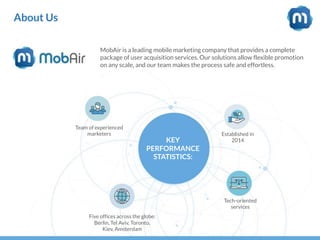 About Us
MobAir is a leading mobile marketing company that provides a complete
package of user acquisition services. Our solutions allow flexible promotion
on any scale, and our team makes the process safe and effortless.
Team of experienced
marketers
Five offices across the globe:
Berlin, Tel Aviv, Toronto,
Kiev, Amsterdam
Tech-oriented
services
Established in
2014KEY
PERFORMANCE
STATISTICS:
 