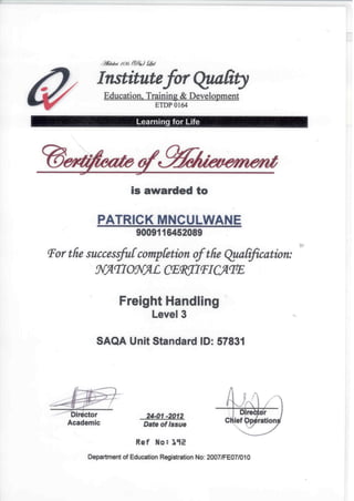 National Certificate in Freight Handling