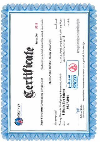 certificate basic fire safety d.p.s. safea dubai 2014.