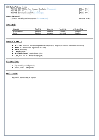 Distribution Antenna System:
Power Distribution:
LANGUAGE:
Language  Reading  Listening Speaking Understanding
Arabic(Mother)  Excellent  Excellent  Excellent  Excellent 
English  Excellent  Very good  Very good  Excellent 
TECHNICAL SKILLS:
 MS Office (Effective and fast using of all Microsoft Office program in handling documents and email).
 AutoCAD (Professional experience 10 Years).
 Revit (Associate).
 GIS (Beginner).
 Microsoft Project (Time Schedule only).
 C++, Java and SIP (Graduation Project).
MEMBERSHIPS:
 Egyptian Engineers Syndicate
 Saudi Council Of Engineers
REFERENCES:
References are available on request.
- WR9601 - IBW 50 Ohm Coax Connector Installation [Commscope]
- WR9632 - ION-B Overview [Commscope]
- WR9635 - Introduction to ION-M [Commscope]
[ March 2016 ]
[ March 2016 ]
[ March 2016 ]
- Electrical Power Systems Distribution [Cadres Makers] [ January 2014 ]
 