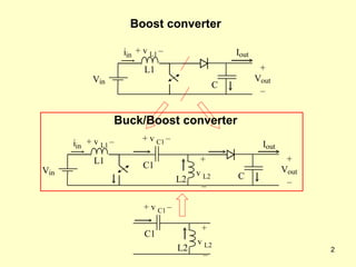 Boost converter  + V out – I out V in i in L1 + v  L1   – Buck/Boost converter  C +  v  L2   – C1 + v  C1   – L2 V in i in L1 + v  L1   – +  v  L2   – C1 + v  C1   – L2 + V out – I out C 