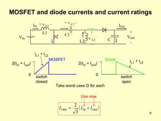 MOSFET and diode currents and current ratings 0 2(I in  + I out ) 0 Take worst case D for each V in i in L1 + v  L1   – + V out – I out C MOSFET Diode i L1  + i L2 Use max switch closed switch open 2(I in  + I out ) i L1  + i L2 +  v  L2   – C1 + v  C1   – L2 