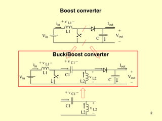 2
Boost converter
+
Vout
–
Iout
C
Vin
iin
L1
+ v L1 –
Buck/Boost converter
+
v L2
–
C1
+ v C1 –
L2
Vin
iin
L1
+ v L1 –
+
v L2
–
C1
+ v C1 –
L2
+
Vout
–
Iout
C
 