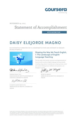 coursera.org
Statement of Accomplishment
WITH DISTINCTION
NOVEMBER 09, 2015
DAISY ELEJORDE MAGNO
HAS SUCCESSFULLY COMPLETED THE U.S. DEPARTMENT OF STATE AND UNIVERSITY OF OREGON'S
ONLINE OFFERING OF
Shaping the Way We Teach English,
1: The Landscape of English
Language Teaching
This five-week online teacher training course (approximately 30
hours of work) introduces English language teaching methods,
including using authentic materials, pair and group work, critical
and creative thinking, learner feedback and assessment, and
language in context.
DEBORAH HEALEY, PH.D.
AMERICAN ENGLISH INSTITUTE/DEPARTMENT OF
LINGUISTICS, UNIVERSITY OF OREGON
JEFFREY M. MAGOTO
AMERICAN ENGLISH INSTITUTE, UNIVERSITY OF
OREGON
ELIZABETH HANSON-SMITH, PH.D.
AMERICAN ENGLISH INSTITUTE, UNIVERSITY OF
OREGON
PLEASE NOTE: THE ONLINE OFFERING OF THIS CLASS DOES NOT REFLECT THE ENTIRE CURRICULUM OFFERED TO STUDENTS ENROLLED AT
THE UNIVERSITY OF OREGON. THIS STATEMENT DOES NOT AFFIRM THAT THIS STUDENT WAS ENROLLED AS A STUDENT AT THE UNIVERSITY
OF OREGON IN ANY WAY. IT DOES NOT CONFER A UNIVERSITY OF OREGON GRADE; IT DOES NOT CONFER UNIVERSITY OF OREGON CREDIT; IT
DOES NOT CONFER A UNIVERSITY OF OREGON DEGREE; AND IT DOES NOT VERIFY THE IDENTITY OF THE STUDENT.
 