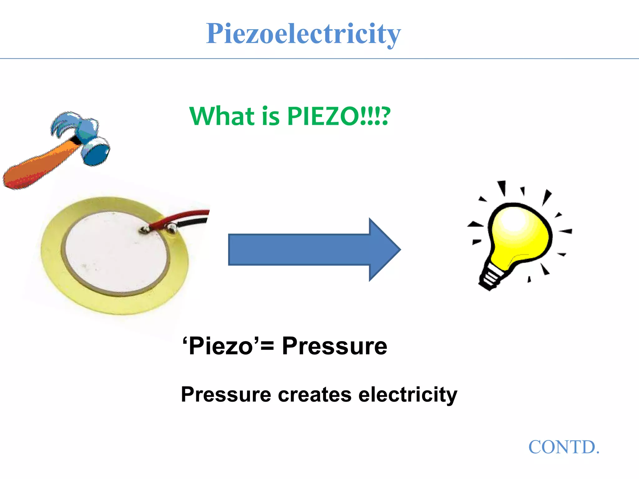‘Piezo’= Pressure
Pressure creates electricity
Piezoelectricity
What is PIEZO!!!?
CONTD.
 