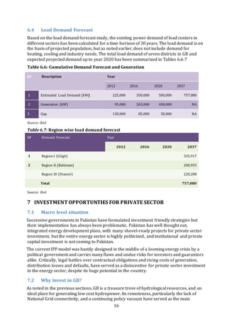 16
6.4 Load Demand Forecast
Based on the load demand forecast study, the existing power demand of load centers in
different sectors has been calculated for a time horizon of 30 years. The load demand is on
the basis of projected population, but as noted earlier, does not include demand for
heating, cooling and industry needs. The total load demand of seven districts in GB and
expected projected demand up to year 2020 has been summarized in Tables 6.6-7
Table 6.6: Cumulative Demand Forecast and Generation
S# Description Year
2012 2016 2020 2037
1 Estimated Load Demand (kW) 225,000 350,000 500,000 757,080
2 Generation (kW) 95,000 265,000 450,000 NA
3 Gap 130,000 85,000 50,000 NA
Source: Ibid
Table 6.7: Region wise load demand forecast
S# Demand Forecast Year
2012 2016 2020 2037
1 Region-I (Gilgit) 335,917
2 Region II (Baltistan) 200,955
Region III (Diamer) 220,208
Total 757,080
Source: Ibid
7 INVESTMENTOPPORTUNTIES FOR PRIVATE SECTOR
7.1 Macro level situation
Successive governments in Pakistan have formulated investment friendly strategies but
their implementation has always been problematic. Pakistan has well thought out,
integrated energy development plans, with many shovel-ready projects for private sector
investment, but the entire energy sector is highly politicized, and institutional and private
capital investment is not coming to Pakistan.
The current IPP model was hastily designed in the middle of a looming energy crisis by a
political government and carries many flaws and undue risks for investors and guarantors
alike. Critically, legal battles over contractual obligations and rising costs of generation,
distribution losses and defaults, have served as a disincentive for private sector investment
in the energy sector, despite its huge potential in the country.
7.2 Why invest in GB?
As noted in the previous sections, GB is a treasure trove of hydrological resources, and an
ideal place for generating low cost hydropower. Its remoteness, particularly the lack of
National Grid connectivity, and a continuing policy vacuum have served as the main
 