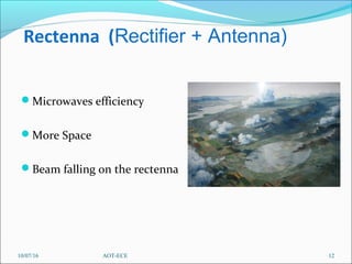 Rectenna (Rectifier + Antenna)
Microwaves efficiency
More Space
Beam falling on the rectenna
10/07/16 12AOT-ECE
 