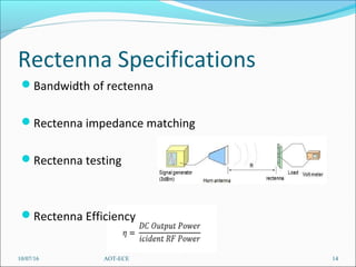 Rectenna Specifications
Bandwidth of rectenna
Rectenna impedance matching
Rectenna testing
Rectenna Efficiency
10/07/16 14AOT-ECE
 