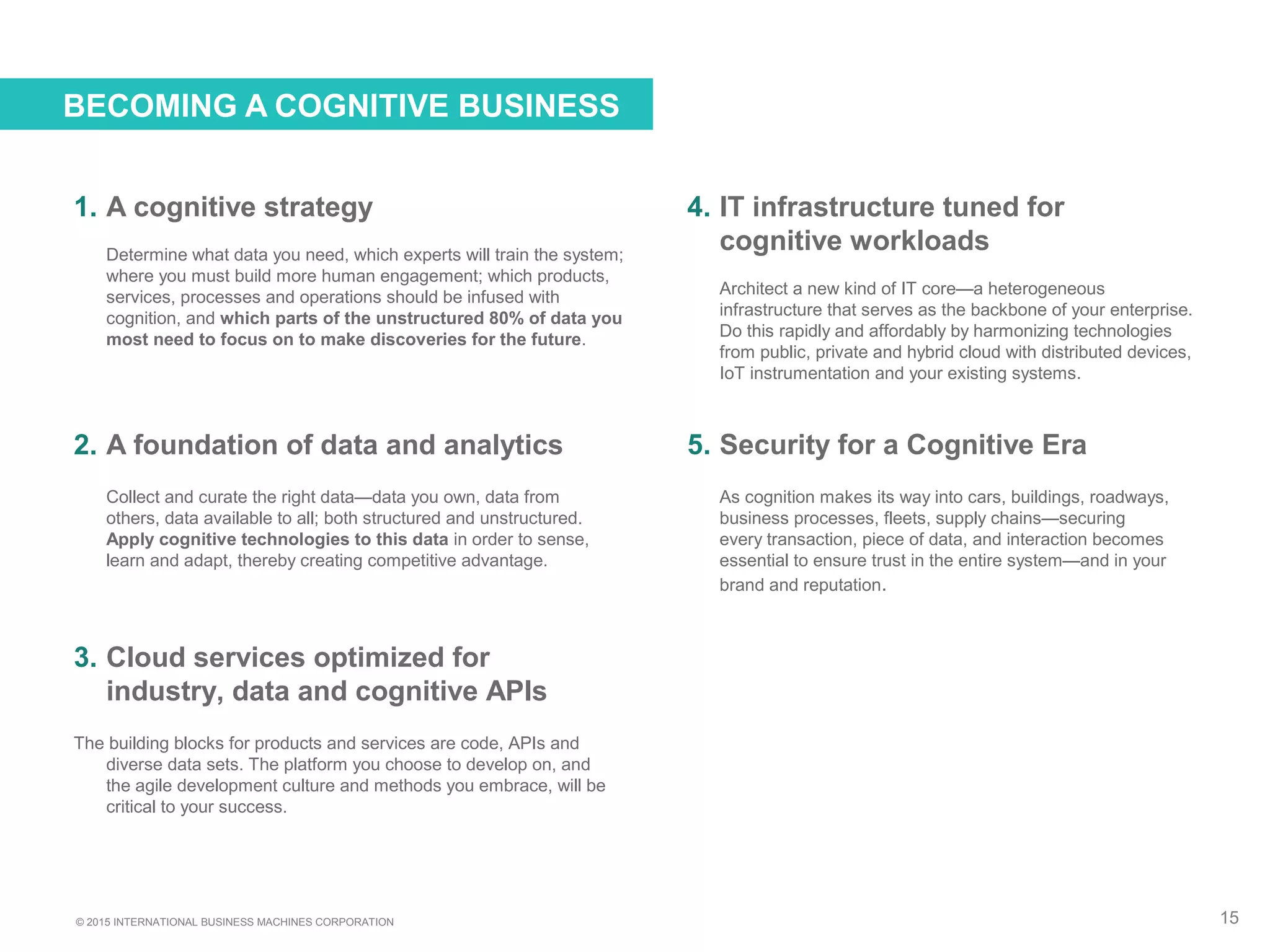 © 2015 INTERNATIONAL BUSINESS MACHINES CORPORATION 15
BECOMING A COGNITIVE BUSINESS
1. A cognitive strategy
Determine what data you need, which experts will train the system;
where you must build more human engagement; which products,
services, processes and operations should be infused with
cognition, and which parts of the unstructured 80% of data you
most need to focus on to make discoveries for the future.
2. A foundation of data and analytics
Collect and curate the right data—data you own, data from
others, data available to all; both structured and unstructured.
Apply cognitive technologies to this data in order to sense,
learn and adapt, thereby creating competitive advantage.
3. Cloud services optimized for
industry, data and cognitive APIs
The building blocks for products and services are code, APIs and
diverse data sets. The platform you choose to develop on, and
the agile development culture and methods you embrace, will be
critical to your success.
4. IT infrastructure tuned for
cognitive workloads
Architect a new kind of IT core—a heterogeneous
infrastructure that serves as the backbone of your enterprise.
Do this rapidly and affordably by harmonizing technologies
from public, private and hybrid cloud with distributed devices,
IoT instrumentation and your existing systems.
5. Security for a Cognitive Era
As cognition makes its way into cars, buildings, roadways,
business processes, fleets, supply chains—securing
every transaction, piece of data, and interaction becomes
essential to ensure trust in the entire system—and in your
brand and reputation.
 