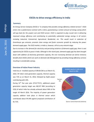 1
ESCOs to drive energy efficiency in India
Summary
RatingsJune20,2016
Thermal,
71%
Hydro,
14%
Nuclear,
2%
RES
(MNRE),
13%
Overview of Indian Power Industry
India has an installed capacity of 298.06 GW as on March 31,
2016. Of India’s total generation capacity, thermal capacity
was 71% as on March 31, 2016, followed by Hydel power
contributing with 14%.
During 12th
five year plan (FY12~FY17), additional power
generation capacity target was 88,537 MW (according to
CEA) of which India has already achieved about 96% of the
target till March 2016. The majority of power generation
capacity addition took place in thermal sector which
contributed about 94.34% against proposed contribution of
81.71%.
Installed capacity in India as on
March 31, 2016
Source: Central Electricity Authority
An Energy Service Company (ESCO) is “a company that provides energy-efficiency related services”. ESCO
enters into a performance contract with a client, guaranteeing a certain amount of energy saving which
will pay back for the project cost and ESCO service. ESCO is expected to play crucial role in delivering
improved energy efficiency and contributing to potentially substantial energy savings in all sectors
including Industrial, Commercial, Agricultural, Residential, etc. This would result in reduction of
Greenhouse gas emission, promote clean energy and foster economic growth by reducing the power
demand supply gaps. The ESCO market, in India is, however, still at a very nascent stage.
Due to increase in the demand for electricity and persisting existence of demand supply gap, there is vast
opportunity for ESCOs to grow in India. Although in the recent past, demand supply gap has been brought
down with addition of electricity generation capacity, the ever increasing demand can derive immense
benefits from ESCOs which can work on Demand side Management by providing Energy Efficiency services
resulting in considerable savings.
 