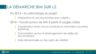 Journées Techniques Route 2017 26 janvier 2017 3
LA DÉMARCHE BIM SUR L2
Fin 2013 – Au démarrage du projet
| Préparation d’une structuration par « objets »
2014 – Travail autour de MN à partir d’usages ciblés
| Coordination entre murs à construire et tranchées couvertes
existantes
| Concertation autour d’aménagement de dalles de
recouvrement
| Aide décisionnelle sur des sujets de visibilité
 