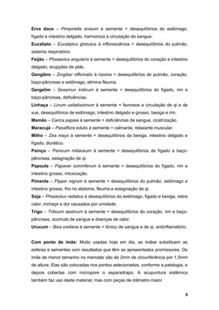 Erva doce – Pimpinella anisum à semente = desequilíbrios do estômago,
fígado e intestino delgado, harmoniza a circulação do sangue.
Eucalipto – Eucaliptus globulus à inflorescência = desequilíbrios do pulmão,
sistema respiratório.
Feijão – Phaseolus angularis à semente = desequilíbrios do coração e intestino
delgado, erupções de pele.
Gengibre – Zingiber officinalis à rizoma = desequilíbrios do pulmão, coração,
baço-pâncreas e estômago, elimina fleuma.
Gergelim – Sesamun indicum à semente = desequilíbrios do fígado, rim e
baço-pâncreas, deficiências.
Linhaça – Linum usitatissimum à semente = favorece a circulação de qi e de
xue, desequilíbrios de estômago, intestino delgado e grosso, bexiga e rim.
Mamão – Carica papaia à semente = deficiências de sangue, cicatrização.
Maracujá – Passiflora edulis à semente = calmante, relaxante muscular.
Milho – Zea mays à semente = desequilíbrios da bexiga, intestino delgado e
fígado, diurético.
Painço – Panicum miliaceum à semente = desequilíbrios de fígado e baço-
pâncreas, estagnação de qi.
Papoula – Papaver somniferum à semente = desequilíbrios do fígado, rim e
intestino grosso, intoxicação.
Pimenta – Pipper nigrum à semente = desequilíbrios do pulmão, estômago e
intestino grosso, frio no abdome, fleuma e estagnação de qi.
Soja – Phaseolus radiatus à desequilíbrios do estômago, fígado e bexiga, retira
calor, inchaço e dor causados por umidade.
Trigo – Triticum aestivum à semente = desequilíbrios do coração, rim e baço-
pâncreas, acúmulo de sangue e doenças de calor.
Urucum – Bixa orellana à semente = tônico de sangue e de qi, antiinflamatório.
Com ponto de ímãs: Muito usadas hoje em dia, as imãse substituem as
esferas e sementes com resultados que têm se apresentados promissores. Os
imãs de menor tamanho no mercado são de 2mm de circunferência por 1,5mm
de altura. Elas são colocadas nos pontos selecionados, conforme a patologia, e
depois cobertas com micropore o esparadrapo. A acupuntura sistêmica
também faz uso deste material, mas com peças de diâmetro maior.
8
 