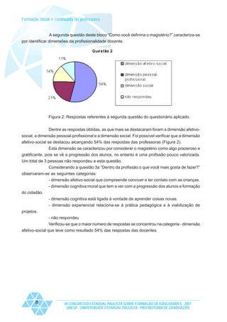 Formação inicial e continuada de professores

A segunda questão deste bloco “Como você definiria o magistério?” caracteriza-se
por identificar dimensões da profissionalidade docente.

Figura 2: Respostas referentes à segunda questão do questionário aplicado.
Dentre as respostas obtidas, as que mais se destacaram foram a dimensão afetivosocial, a dimensão pessoal-profissional e a dimensão social. Foi possível verificar que a dimensão
afetivo-social se destacou alcançando 54% das respostas das professoras (Figura 2).
Esta dimensão se caracterizou por considerar o magistério como algo prazeroso e
gratificante, pois se vê a progressão dos alunos, no entanto é uma profissão pouco valorizada.
Um total de 3 pessoas não respondeu a esta questão.
Considerando a questão 3a “Dentro da profissão o que você mais gosta de fazer?”
observaram-se as seguintes categorias:
- dimensão afetivo-social que compreende conviver e ter contato com as crianças.
- dimensão cognitiva moral que tem a ver com a progressão dos alunos e formação
do cidadão.
- dimensão cognitiva está ligada à vontade de aprender coisas novas.
- dimensão experiencial relaciona-se à prática pedagógica e à viabilização de
projetos.
- não respondeu
Verificou-se que o maior número de respostas se concentrou na categoria - dimensão
afetivo-social que teve como resultado 54% das respostas das docentes.

8

IX CONGRESSO ESTADUAL PAULISTA SOBRE FORMAÇÃO DE EDUCADORES - 2007
UNESP - UNIVERSIDADE ESTADUAL PAULISTA - PRO-REITORIA DE GRADUAÇÃO

 