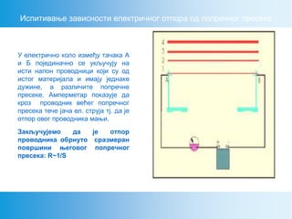 Испитивање зависности електричног отпора од попречног пресека
У електрично коло између тачака А
и Б појединачно се укључују на
исти напон проводници који су од
истог материјала и имају једнаке
дужине, а различите попречне
пресеке. Амперметар показује да
кроз проводник већег попречног
пресека тече јача ел. струја тј. да је
отпор овог проводника мањи.
Закључујемо да је отпор
проводника обрнуто сразмеран
површини његовог попречног
пресека: R~1/S
 