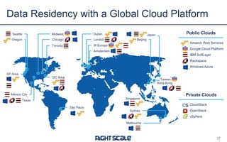 Data Residency with a Global Cloud Platform
Amazon Web Services
Google Cloud Platform
IBM SoftLayer
Rackspace
Windows Azure
Public Clouds
Singapore
Hong Kong
Japan
Texas
DC Area
SF Area
Seattle
Chicago
Dublin
London
Amsterdam
Oregon
São Paulo
Midwest
Beijing
Sydney
W Europe
Private Clouds
CloudStack
OpenStack
vSphere
Melbourne
Toronto
Mexico City
Taiwan
27
 