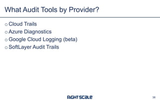 38
o Cloud Trails
o Azure Diagnostics
o Google Cloud Logging (beta)
o SoftLayer Audit Trails
What Audit Tools by Provider?
 