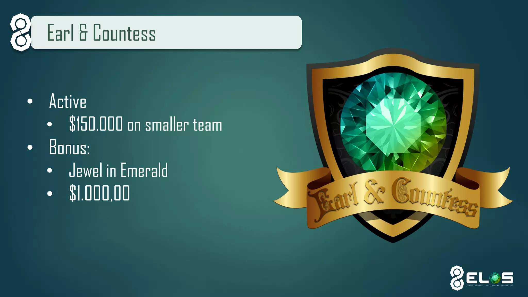 Earl & Countess 
•Active 
•$150.000 on smaller team 
•Bonus: 
•Jewel in Emerald 
•$1.000,00  