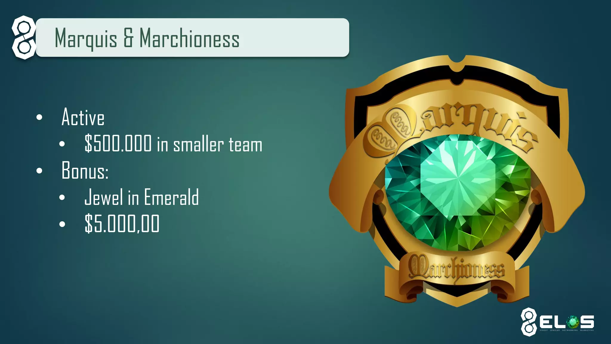 Marquis& Marchioness 
•Active 
•$500.000 in smaller team 
•Bonus: 
•Jewel in Emerald 
•$5.000,00  