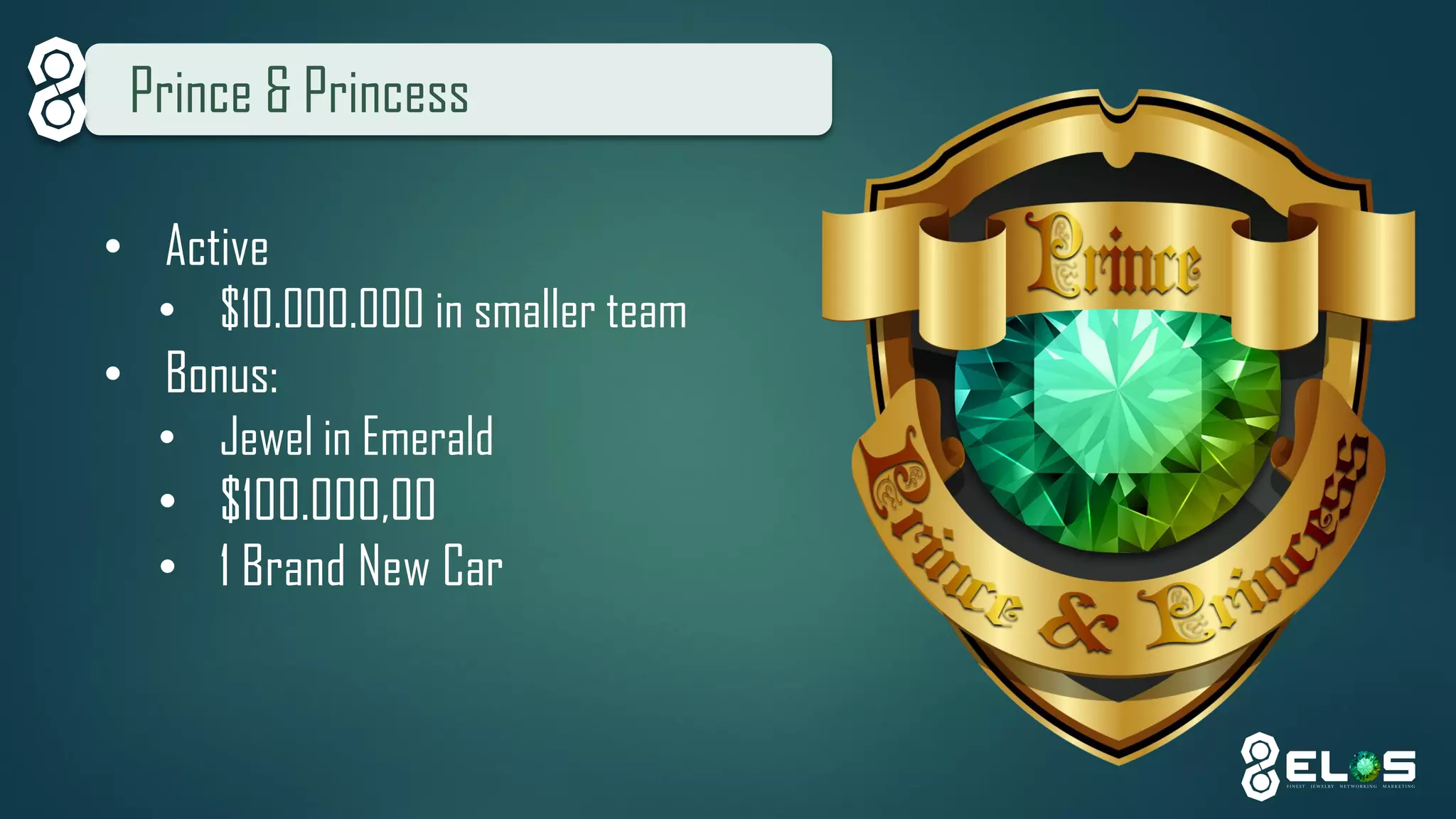 Prince & Princess 
•Active 
•$10.000.000 in smaller team 
•Bonus: 
•Jewel in Emerald 
•$100.000,00 
•1 Brand New Car  