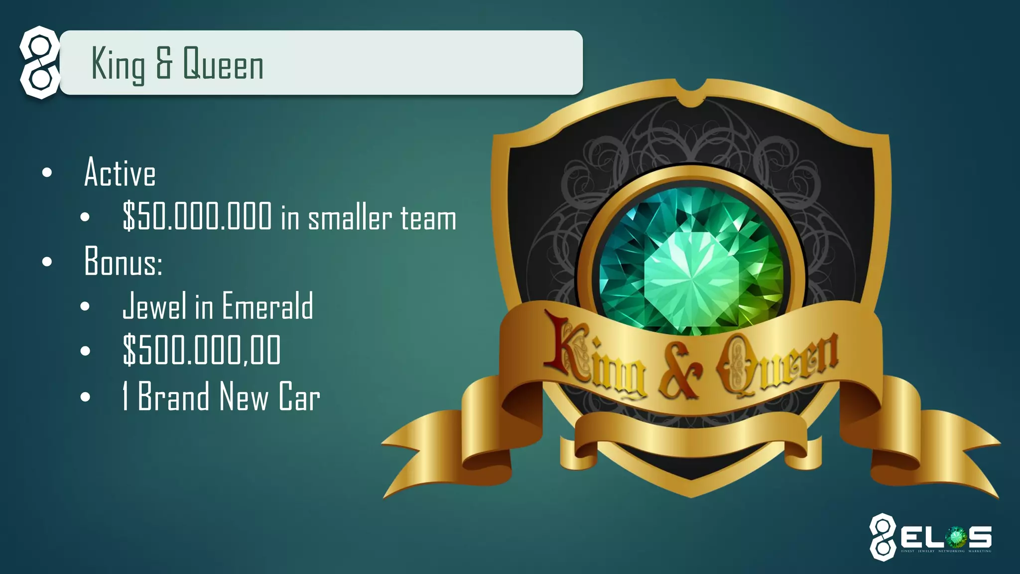 King & Queen 
•Active 
•$50.000.000 in smaller team 
•Bonus: 
•Jewel in Emerald 
•$500.000,00 
•1 Brand New Car  
