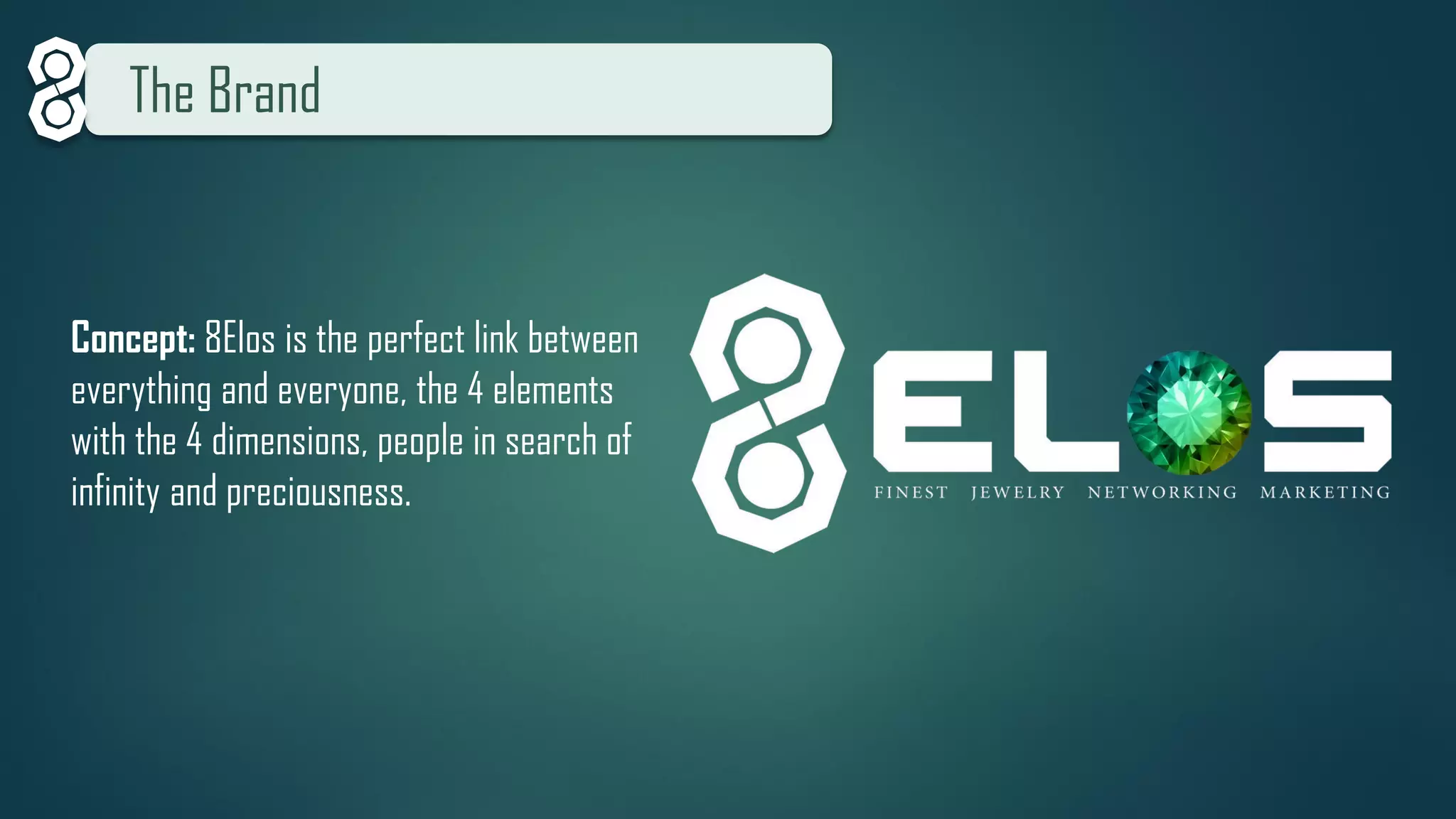 The Brand 
Concept:8Elos is the perfect link between everything and everyone, the 4 elements with the 4 dimensions, people in search of infinity and preciousness.  