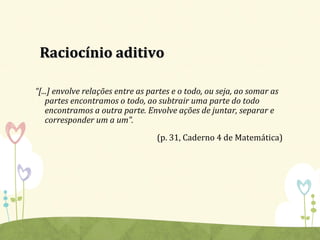Raciocínio aditivoRaciocínio aditivo
“[...] envolve relações entre as partes e o todo, ou seja, ao somar as
partes encontramos o todo, ao subtrair uma parte do todo
encontramos a outra parte. Envolve ações de juntar, separar e
corresponder um a um”.
(p. 31, Caderno 4 de Matemática)
 