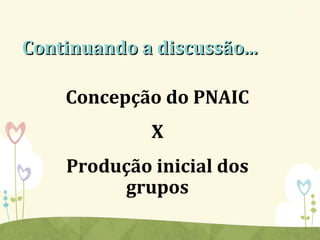 Continuando a discussão...Continuando a discussão...
Concepção do PNAIC
X
Produção inicial dos
grupos
 