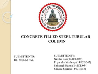 CONCRETE FILLED STEEL TUBULAR
COLUMN
SUBMITTED BY:
Nitisha Rani(14/ICE/039)
Priyanshu Varshney (14/ICE/042)
Shivangi Sharma(14/ICE/054)
Shivani Sharma(14/ICE/055)
SUBMITTED TO:
Dr. SHILPA PAL
 