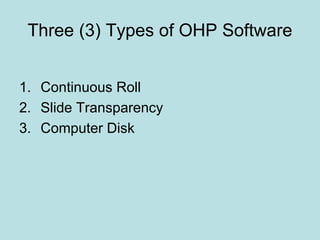 Three (3) Types of OHP Software 
1. Continuous Roll 
2. Slide Transparency 
3. Computer Disk 
 