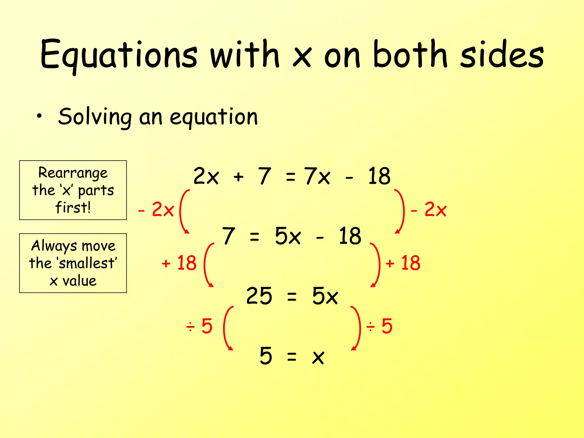 Equations with x on both sides
• Solving an equation
2x + 7 = 7x - 18
7 = 5x - 18
25 = 5x
5 = x
- 2x - 2x
+ 18
+ 18
÷ 5 ÷ 5
Rearrange
the ‘x’ parts
first!
Always move
the ‘smallest’
x value
 