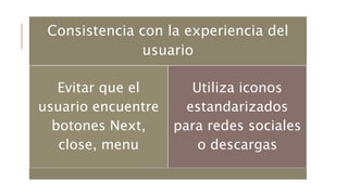Consistencia con la experiencia del
usuario
Evitar que el
usuario encuentre
botones Next,
close, menu
Utiliza iconos
estandarizados
para redes sociales
o descargas