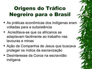 Origens do Tráfico Negreiro para o Brasil As práticas econômicas dos indígenas eram voltadas para a subsistência Acreditava-se que os africanos se adaptavam facilmente ao trabalho nas lavouras e minas Ação da Companhia de Jesus que buscava proteger os índios da escravização Desinteresse da Coroa na escravidão indígena  