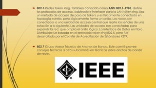  802.5 Redes Token Ring. También conocido como ANSI 802.1-1985, define
los protocolos de acceso, cableado e interface para la LAN token ring. Usa
un método de acceso de paso de tokens y es físicamente conectada en
topología estrella, pero lógicamente forma un anillo. Los nodos son
conectados a una unidad de acceso central que repite las señales de una
estación a la siguiente. Las unidades de acceso son conectadas para
expandir la red, que amplía el anillo lógico. La Interface de Datos en Fibra
Distribuida fue basada en el protocolo token ring 802.5, pero fue
desarrollado por el Comité de Acreditación de Estándares X3T9.
 802.7 Grupo Asesor Técnico de Anchos de Banda. Este comité provee
consejos técnicos a otros subcomités en técnicas sobre anchos de banda
de redes.
 