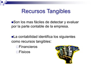 Recursos Tangibles
Son los mas fáciles de detectar y evaluar
por la parte contable de la empresa.
La contabilidad identifica los siguientes
como recursos tangibles:
Financieros
Físicos
 