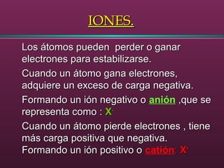 IONES.IONES.
Los átomos pueden perder o ganarLos átomos pueden perder o ganar
electrones para estabilizarse.electrones para estabilizarse.
Cuando un átomo gana electrones,Cuando un átomo gana electrones,
adquiere un exceso de carga negativa.adquiere un exceso de carga negativa.
Formando un ión negativo oFormando un ión negativo o anión ,que se,que se
representa como :representa como : XX--
Cuando un átomo pierde electrones , tieneCuando un átomo pierde electrones , tiene
más carga positiva que negativa.más carga positiva que negativa.
Formando un ión positivo oFormando un ión positivo o catión:: XX++
 